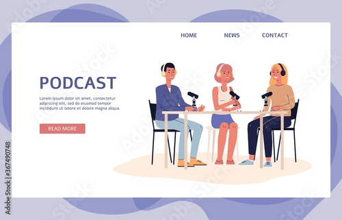 People with microphones and headphones, men and women record audio or radio podcasts.
