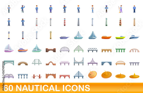 60 nautical icons set. Cartoon illustration of 60 nautical icons vector set isolated on white background
