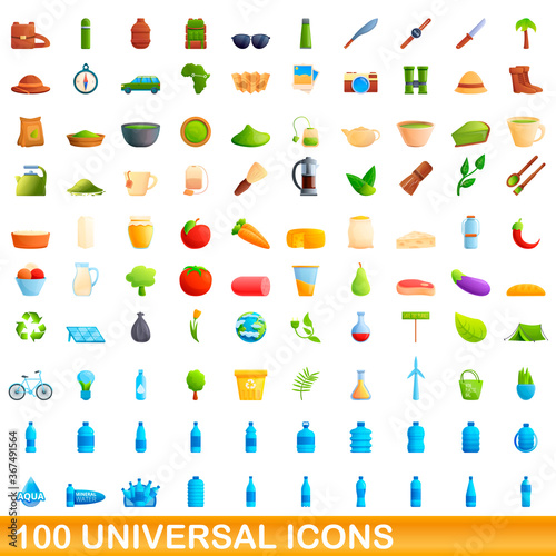100 universal icons set. Cartoon illustration of 100 universal icons vector set isolated on white background