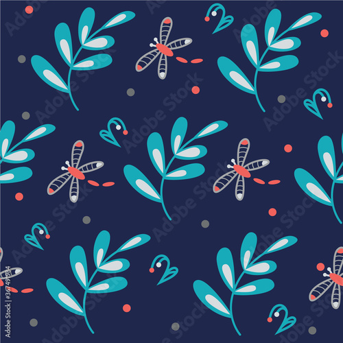 Vector pattern of flying dragonfly and leaves on a blue background.