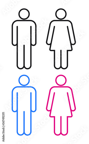 Man and woman avatar icon set. Male and female gender profile symbol. Men and women wc logo. Toilet and bathroom sign. Outline silhouette isolated on white background. Vector illustration image.