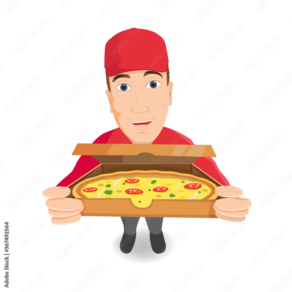 Pizza delivery man holding open cardboard box with pizza inside