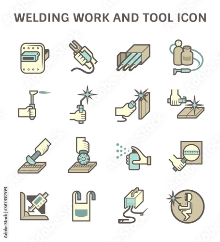 Welding work and welding tools such as welding torch, gas cutting tool vector icon set design.