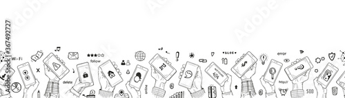 Hand Drawn Doodle Human Hands Holding Smartphone and Social Media Icons. Web Banner Horizontal Border Seamless Pattern. Vector illustration
