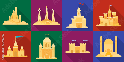 Sand castle vector illustration on white background . Sandcastle vector flat set icon. Isolated flat set icon sand castle.