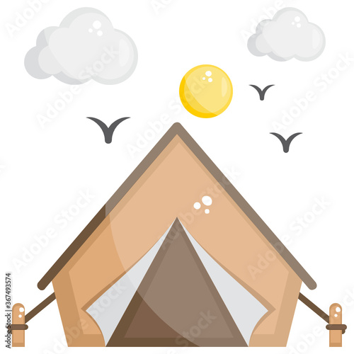 
A hut shape camp, travelling and adventures flat vector 
