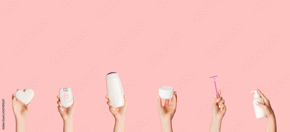 Collage with woman hands presenting different body care products over pink background, free space Collage with woman hands presenting different body care products over pink background, free space