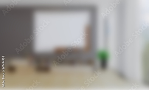 Unfocused  Blur phototography. Large office with light furniture. Room with large windows. Business background.. 3D rendering. Blank paintings.  Mockup.