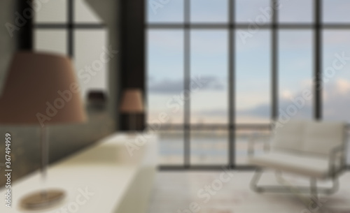 Unfocused  Blur phototography. Interior of a living room with a large window. TV weighs on the wall. Chairs on the parquet floor. 3D rendering