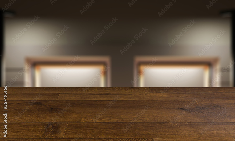 blurred interior on a wooden table background.Empty storefront. view from the evening street.. 3D rendering blurred interior on a wooden table background.Empty storefront. view from the evening street.. 3D rendering