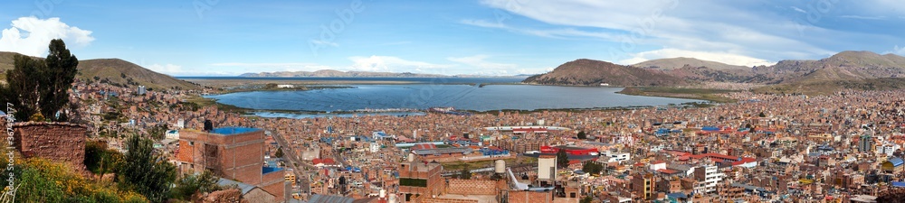 Puno city and Titicaca lake panoramic view, Peru