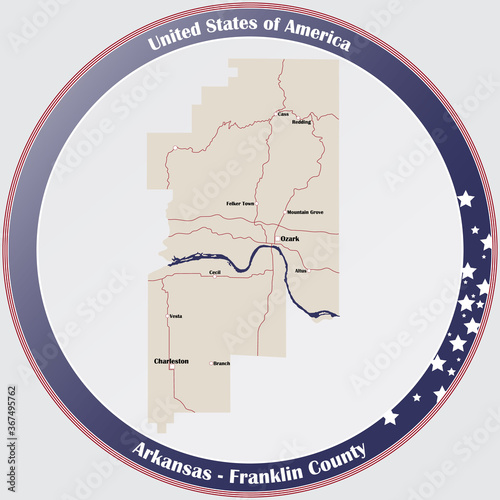 Round button with detailed map of Franklin County in Arkansas, USA.
