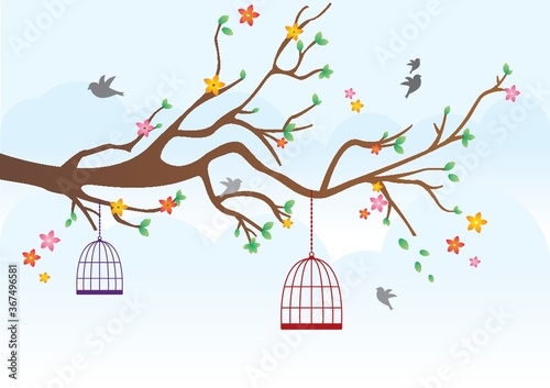 bird cages hanging on tree branches