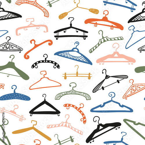 Multicolored Hanger Vector Seamless Pattern. Fashion colorful Background of Hand drawn doodle clothes hangers
