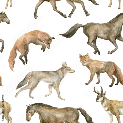 Watercolor seamless pattern with horse  fox  coyote  pronghorn. Background with wild prairie animals for textile  wrapping  covers  decoration. 