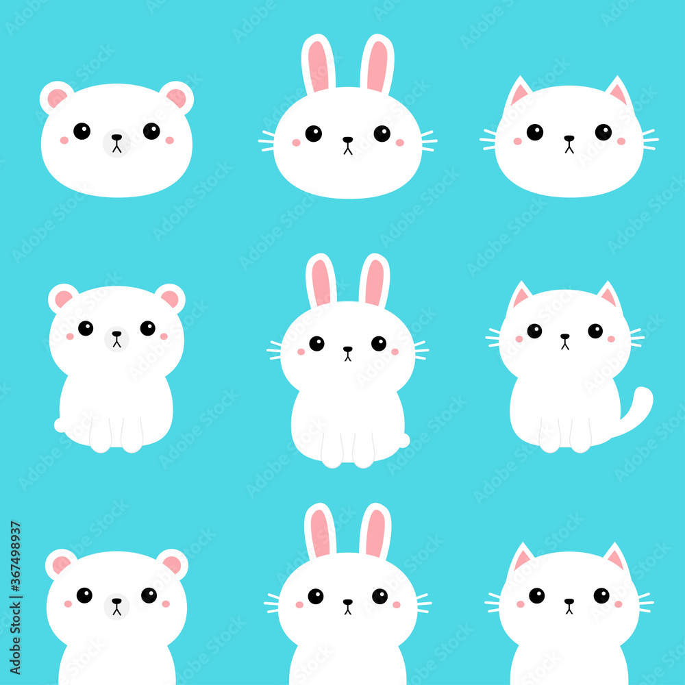 Fototapeta premium White rabbit bunny, polar bear, cat, kitten, kitty. Kawaii cartoon character set. Cute funny head face. Baby greeting card template. Notebook cover, tshirt. Blue background. Flat design.