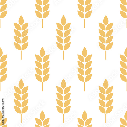 Wheat seamless pattern. Bakery background. Bread grain texture. Spike wheat. Stalk oat, barley, corn, rye, malt, bran, millet, maize, rice. Harvest seed for flour. Ear of wheat. Design prints. Vector