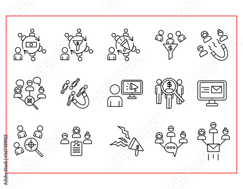 lead generation line icons set,customer acquisition, customer search, sales funnel,income,people
