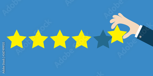 Human hand finger put estimate. 5 Golden stars. Custumer review satisfaction review. Five star rating selection system. Businessman hands pointing. Flat design. Blue background.