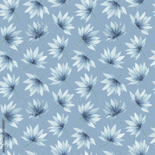 Watercolor Seamless Pattern indigo blue beautiful flowers on grey