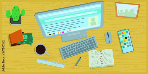 workspace freelance illustration, tool office on the table flat design simple concept illustrator vector