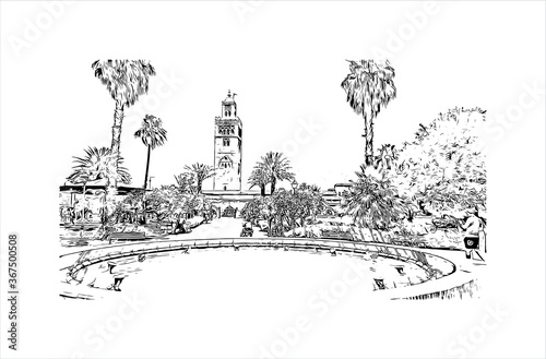 Building view with landmark of Agadir, a city along Morocco’s southern Atlantic coast. Hand drawn sketch illustration in vector.