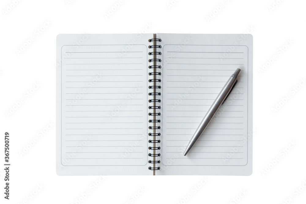 Top view, Flat lay of a open notebook and pen isolated on white background with clipping path