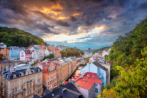 Obraz na płótnie Karlovy Vary, Czech Republic. Aerial image of Karlovy Vary (Carlsbad), located in western Bohemia at beautiful sunset. w salonie