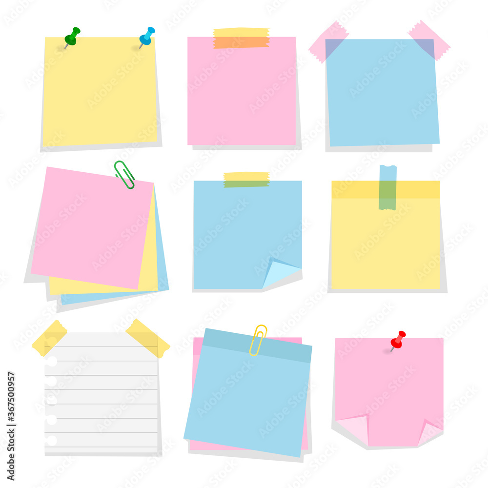 Post note stickers template isolated on white background. Set of cartoon color bookmarks. Paper adhesive tape with paper clips and push pins. Post note stickers template isolated on white background. Set of cartoon color bookmarks. Paper adhesive tape with paper clips and push pins.