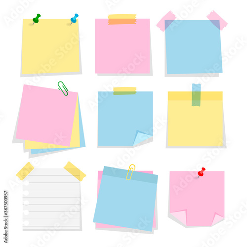 Post note stickers template isolated on white background. Set of cartoon color bookmarks. Paper adhesive tape with paper clips and push pins.