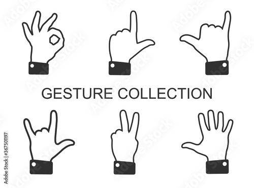 Set of different hand gestures. Flat signs shown with palm and fingers. Non-verbal or manual communication, emotional expressions, body language. Vector illustration isolated on white background.