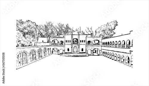 Building view with landmark of Agadir, a city along Morocco’s southern Atlantic coast. Hand drawn sketch illustration in vector.