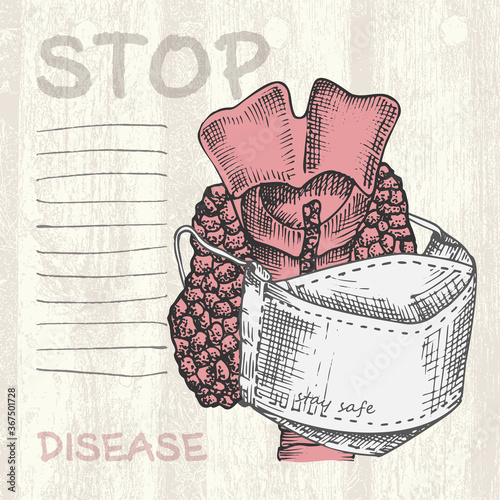 Hand-drawn Thyroid with medical mask Diary page Human internal organs Engraving sketch style Design for medical project poster Pathology disease, treatment Vector illustration