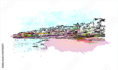 Building view with landmark of Agadir, a city along Morocco’s southern Atlantic coast. Watercolor splash with Hand drawn sketch illustration in vector.