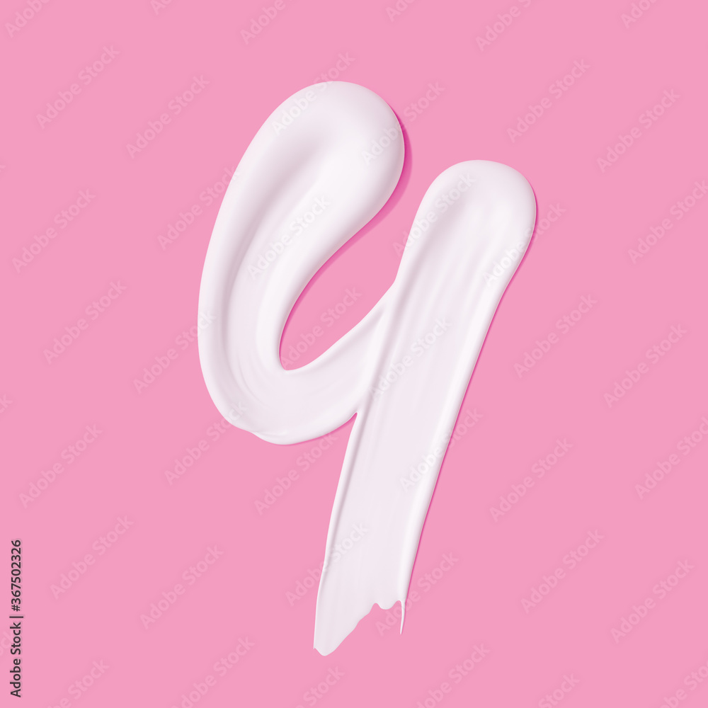 Numeral 4. Cosmetic white cream smeared number Four paint stroke isolated on pink background. 3d rendering Numeral 4. Cosmetic white cream smeared number Four paint stroke isolated on pink background. 3d rendering
