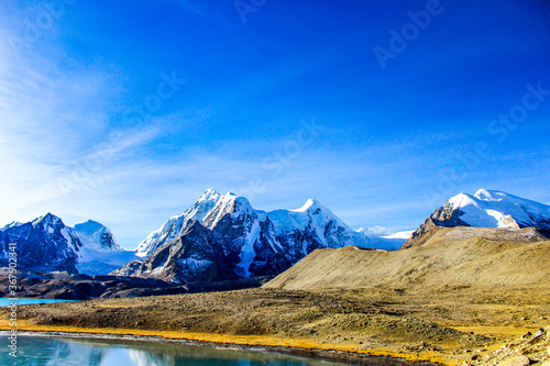 Snowy mountain and holy lake with blue sky