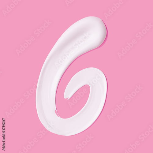 Numeral 6. Cosmetic white cream smeared number six paint stroke isolated on pink background. 3d rendering