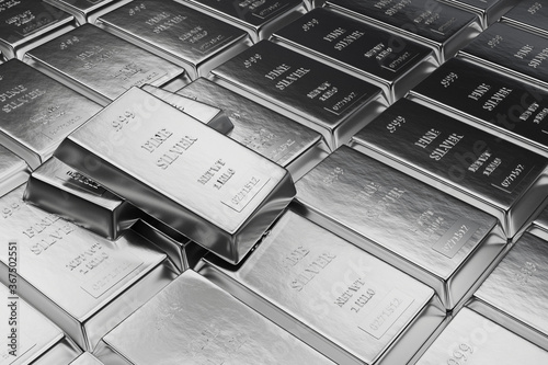 Fine Silver bars or ingots in bank vault background. Precious metal.3d illustration
