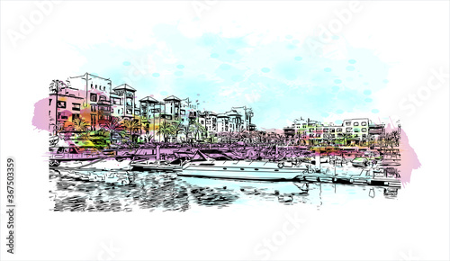 Building view with landmark of Agadir, a city along Morocco’s southern Atlantic coast. Watercolor splash with Hand drawn sketch illustration in vector.
