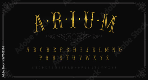 Vintage gold font. Vintage typeface for labels, logo, headline, advertising, signboard. Latin alphabet in retro  style. Old fashioned typeset. Glitter gold letters. Vector illustration.