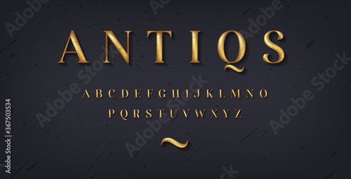 Elegant vintage antiqua roman font. Classic serif typeface. English alphabet. Set of old bronze letters. Vector illustration.