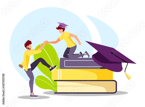 Men with graduate caps and books. Studying, training, education, e-learning, courses, university, graduating. Isolated vector illustration for poster, banner, cover.