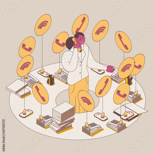Concept isometric illustration with overworking woman with lots of phone calls. Telephones and mobile phones calling around. Stressed character in outline mode