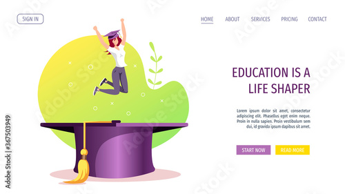 Web page design for Studying, training, education, e-learning, courses, university, graduating. Woman jumping with happiness. Graduate cap and books. Vector illustration for poster, banner, website.