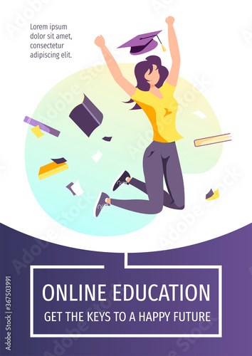 Flyer design for Studying, training, education, e-learning, courses, university, graduating. Woman with graduate cap and books. A4 vector illustration for poster, banner, flyer.