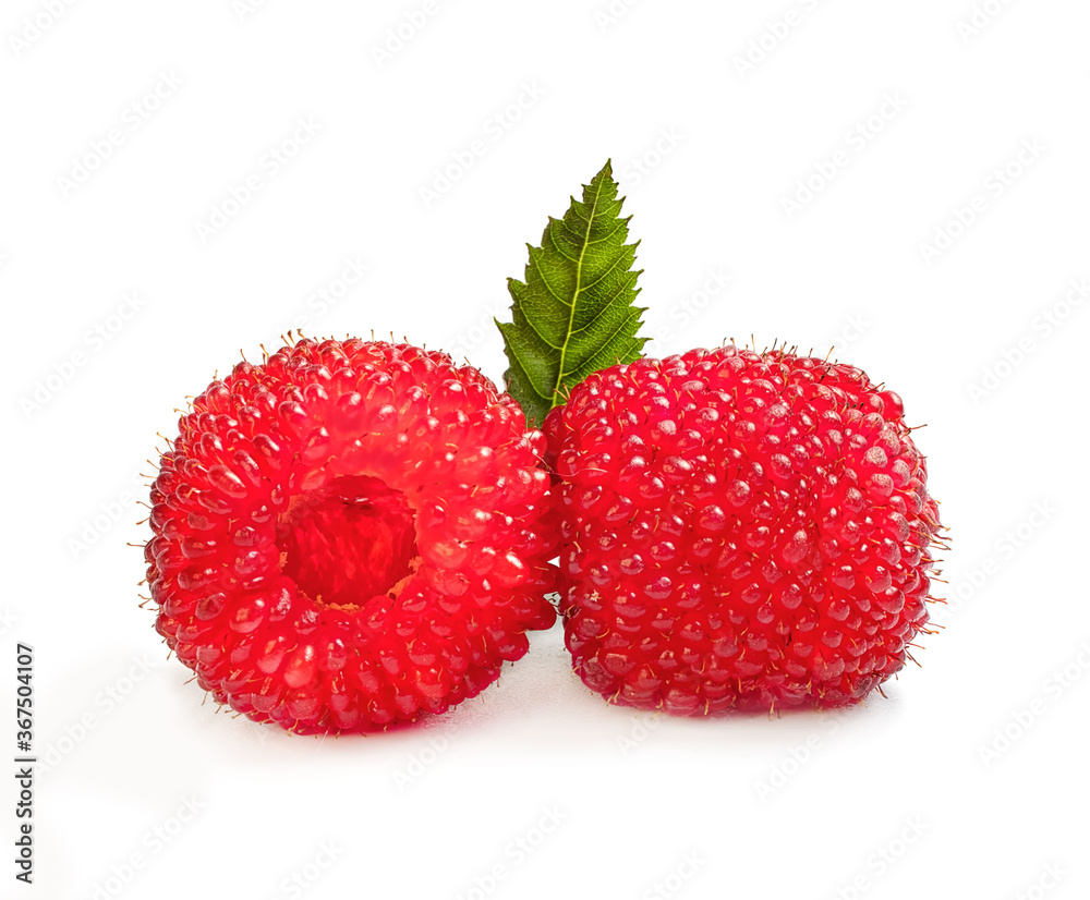 raspberry Japanese with green leaves on a white background raspberry Japanese with green leaves on a white background