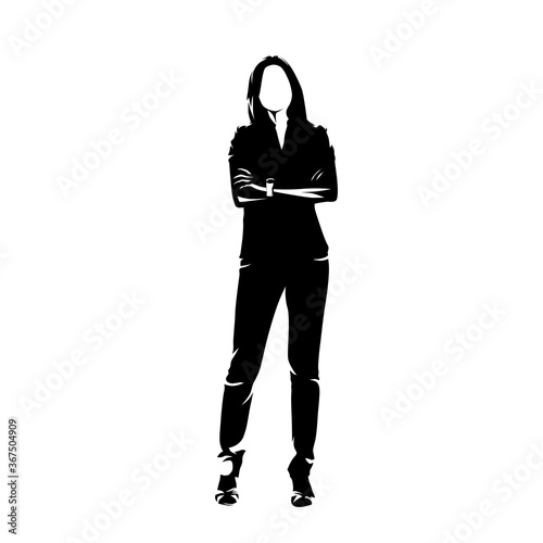 Young woman standing with folded arms, isolated vector silhouette. Ink drawing people. Front view