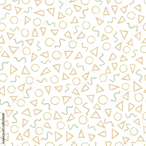 Vector Peach Green Gold Circles Triangles Squiggles on White Seamless Repeat Pattern. Background for textiles  cards  manufacturing  wallpapers  print  gift wrap and scrapbooking.
