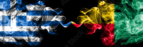 Greece vs Benin, Beninese smoky mystic flags placed side by side. Thick colored silky abstract smoke flags.