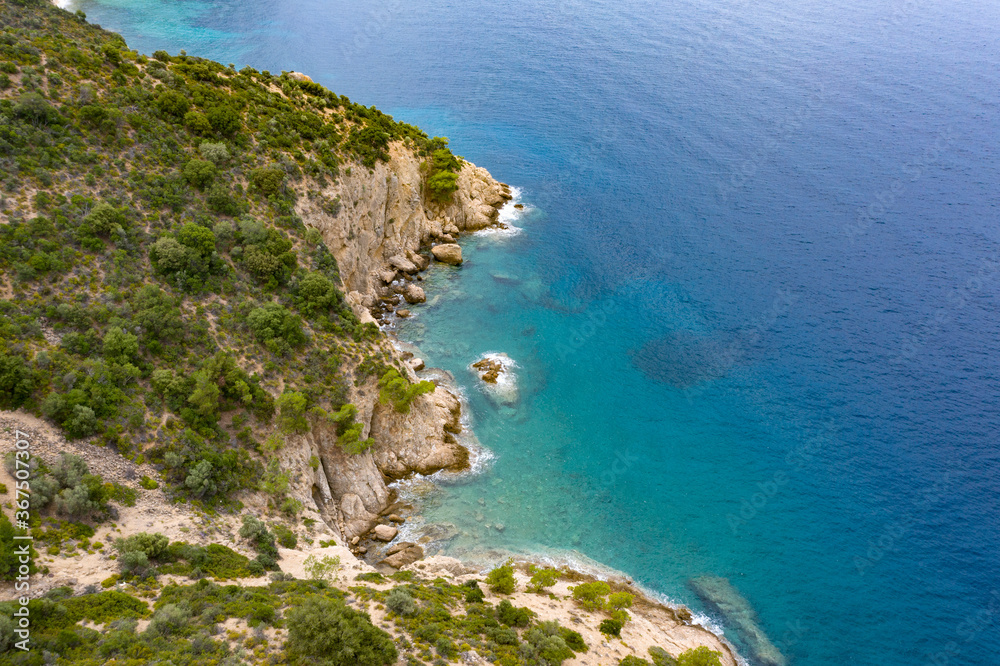 Aerial view of the turquoise sea near Thassos, Greece.